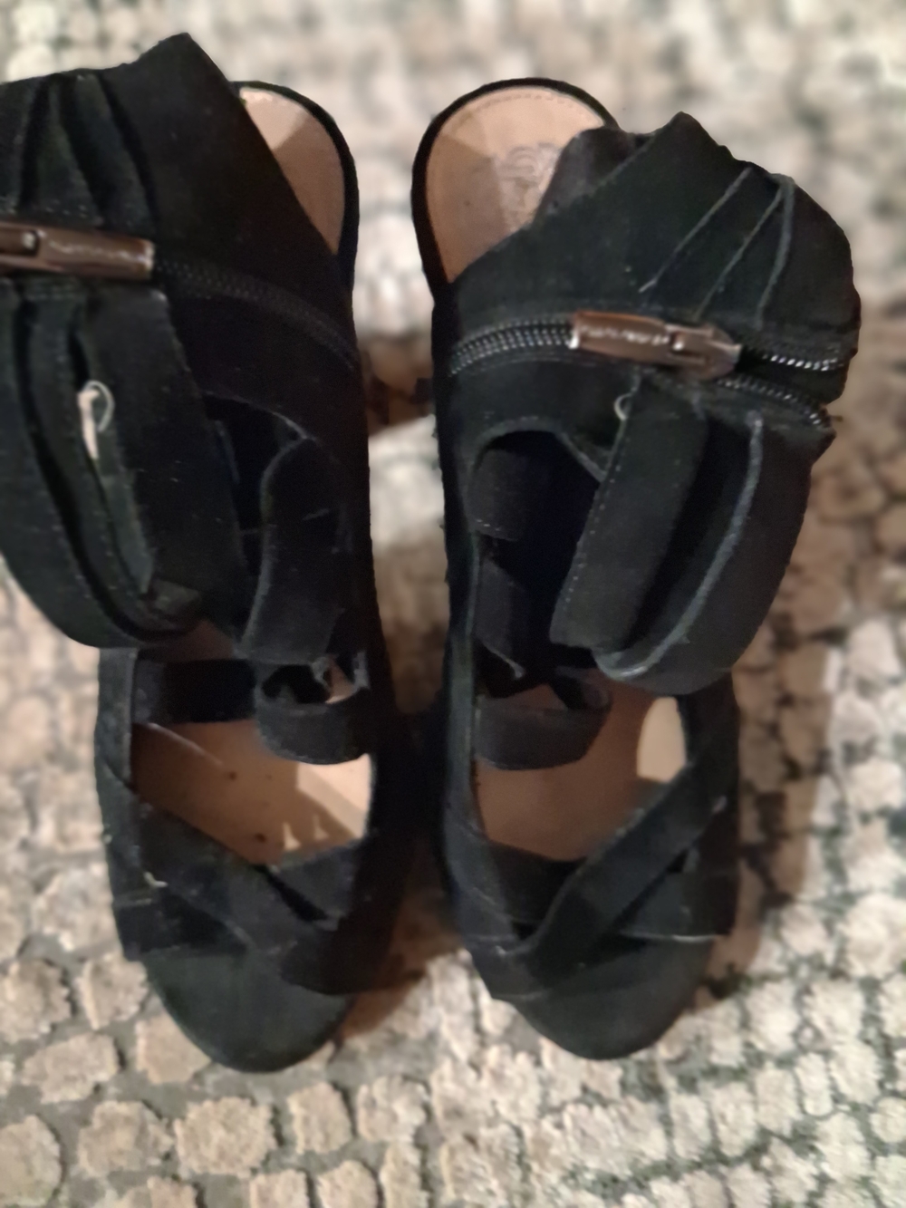 Vince Camuto Black Suede Strappy Peep-Toe Heels with Zip Detail